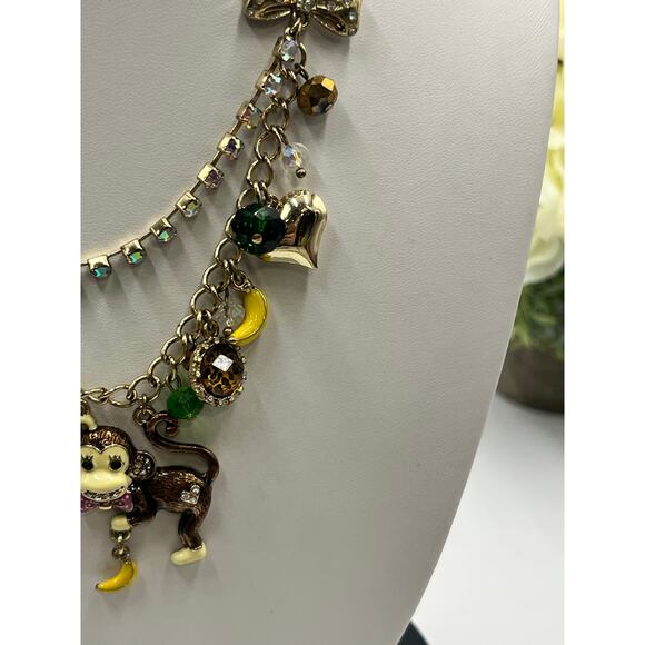 Betsey Johnson‎ Two Strand Jungle Fever Enameled Monkey Crystal Charm Necklace - Picture 9 of 12